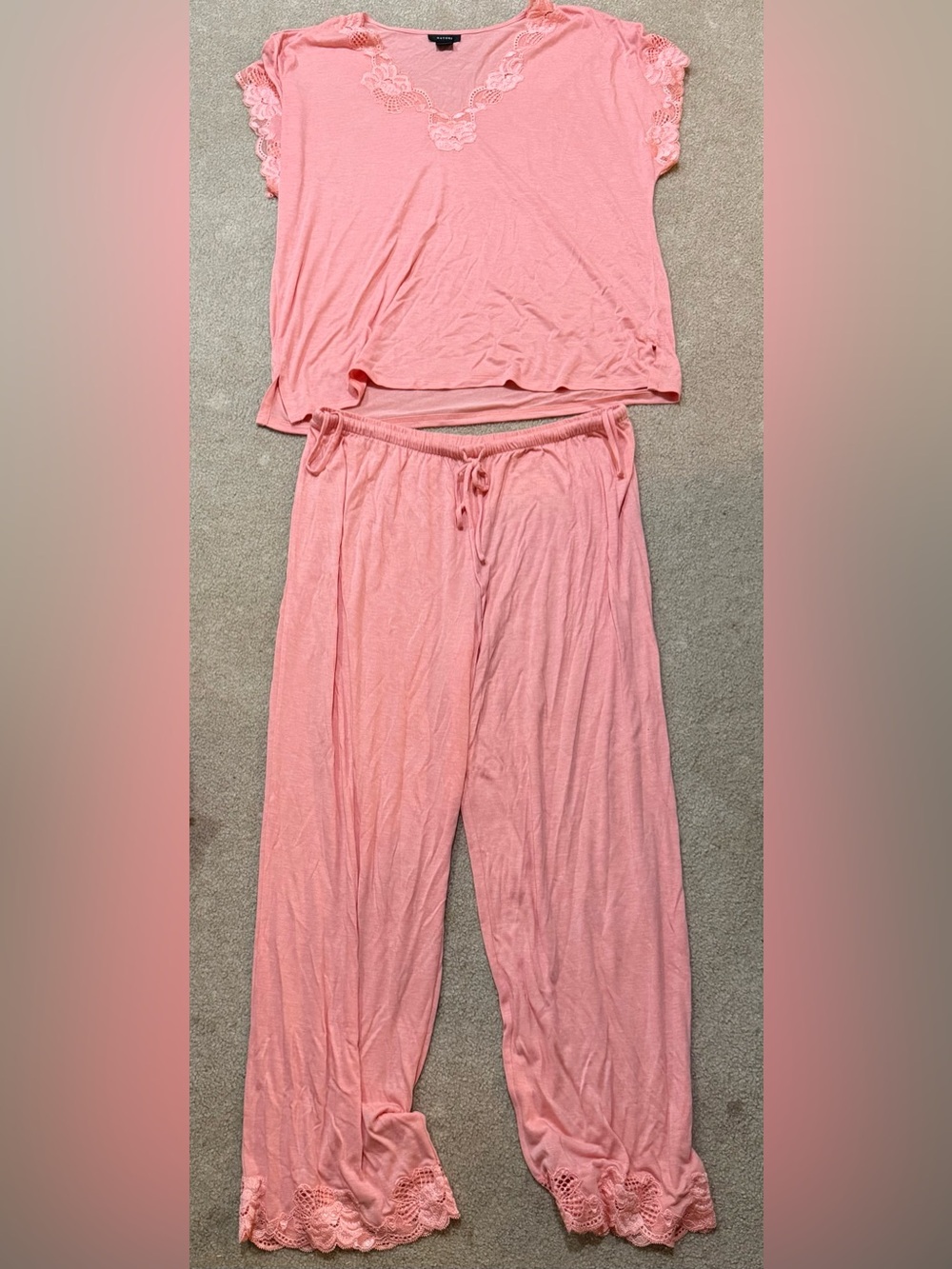 Natori Pink Lace Trim Pajama Set Top & Pants Size XL